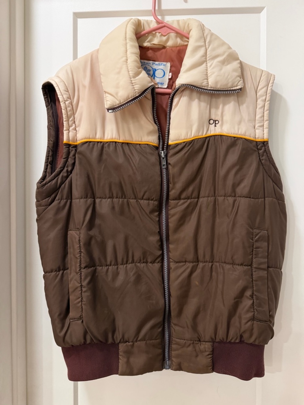 Ocean Pacific Vintage Colorblock Puffer Vest in Brown & Cream